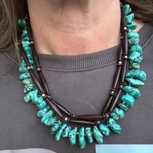 Multi Strand Turquoise nugget And Brown Beaded Necklace Set w/matching Earrings